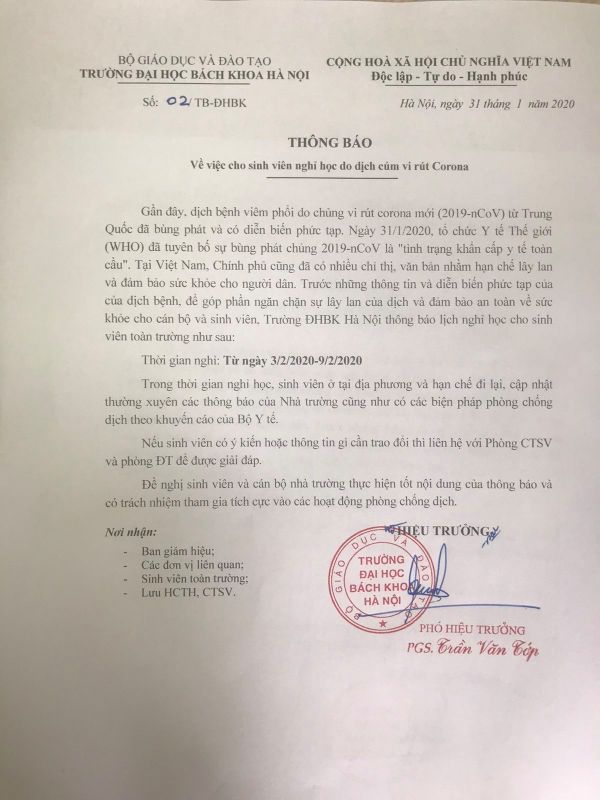Thông báo lùi lịch học bắt đầu từ ngày 10/2/2020