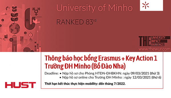 Thông báo học bổng Erasmus + Key Action 1 - Trường ĐH Minho (Bồ Đào Nha)