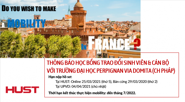 Thông báo học bổng trao đổi sinh viên & cán bộ  với trường Đại học Perpignan Via Domita (CH Pháp)