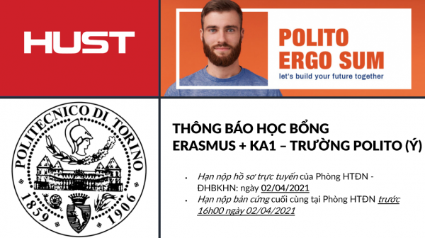 Thông báo học bổng Erasmus + KA1 – Trường POLITO (Ý)