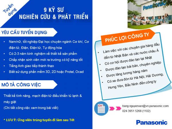 Công ty Panasonic Appliances tuyển dụng 09 kỹ sư nghiên cứu & phát triển